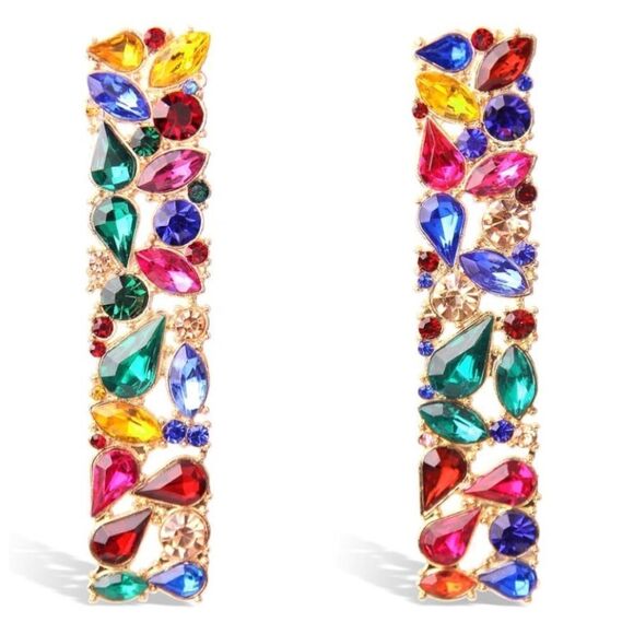 BijouStudios Earrings Jewelry - Yellow Gold with Multicolored Crystal Geometric Rectangle Post Back Earrings